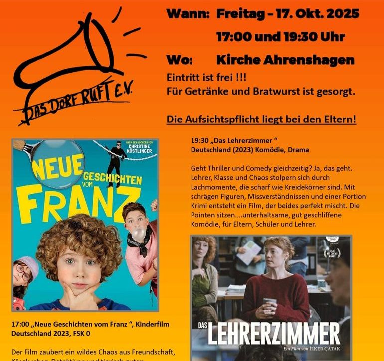 17. Oktober - ab 17:00 Uhr - DORFKINO FÜR ALLE 17. Oktober - ab 17:00 Uhr - DORFKINO FÜR ALLE