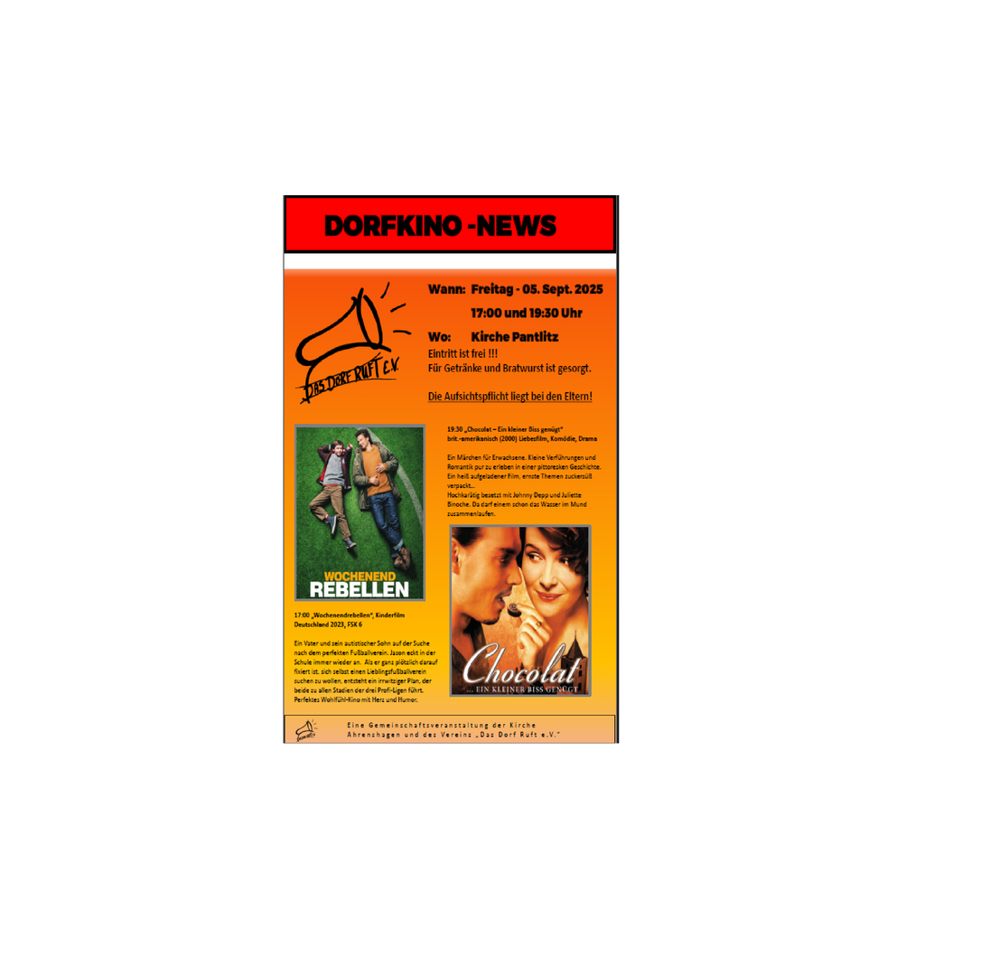 05. September - ab 17:00 Uhr - DORFKINO FÜR ALLE 05. September - ab 17:00 Uhr - DORFKINO FÜR ALLE